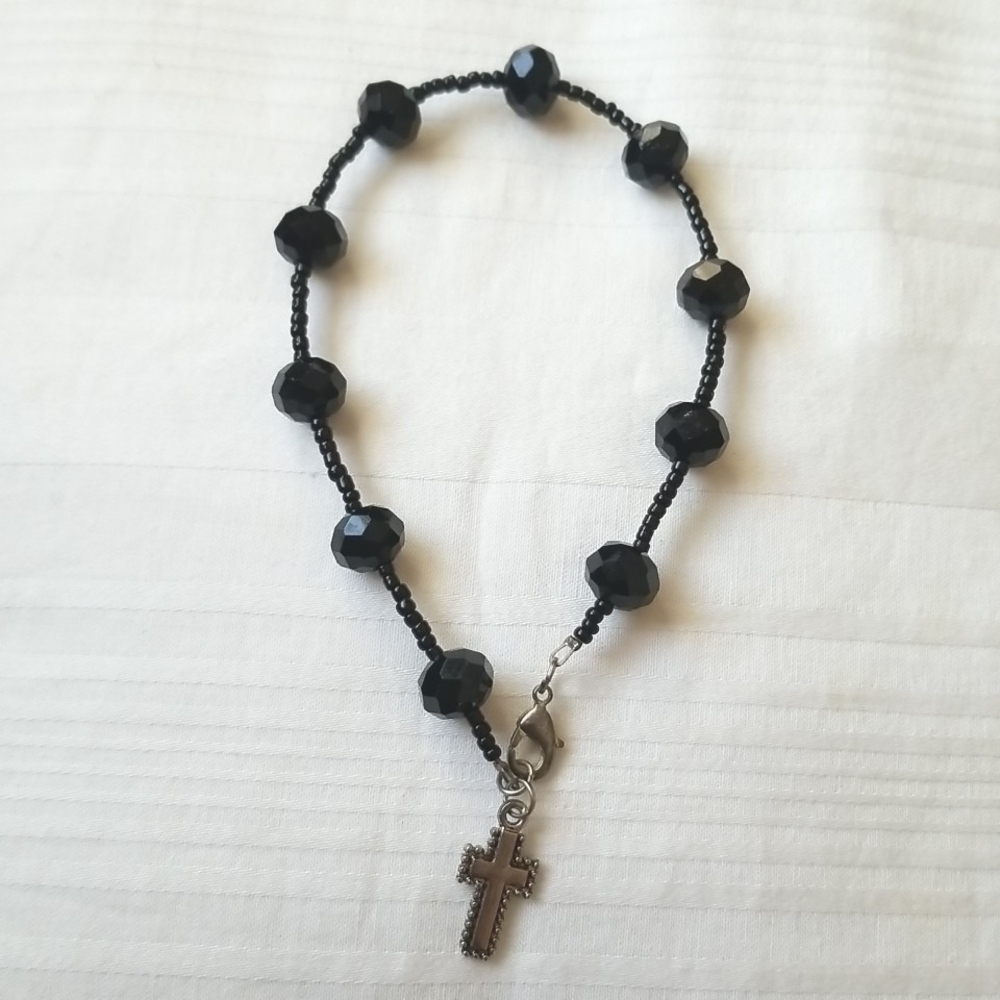 Silver Cross Glass Bead Ankle Bracelet